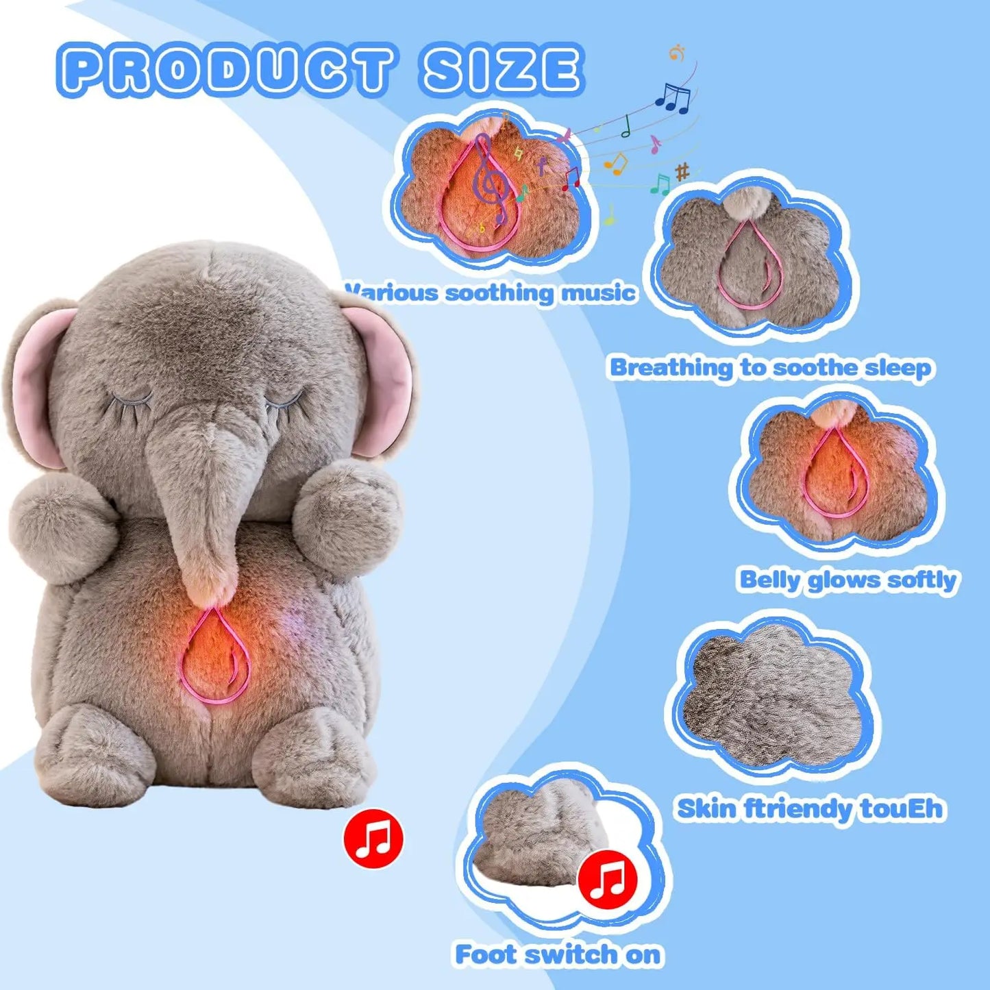 Baby Breathing Soothing Capybara Elephant Plush Doll Toy Sleeping Companion Music and Light Doll Sensory Plush Toy Soft Toy