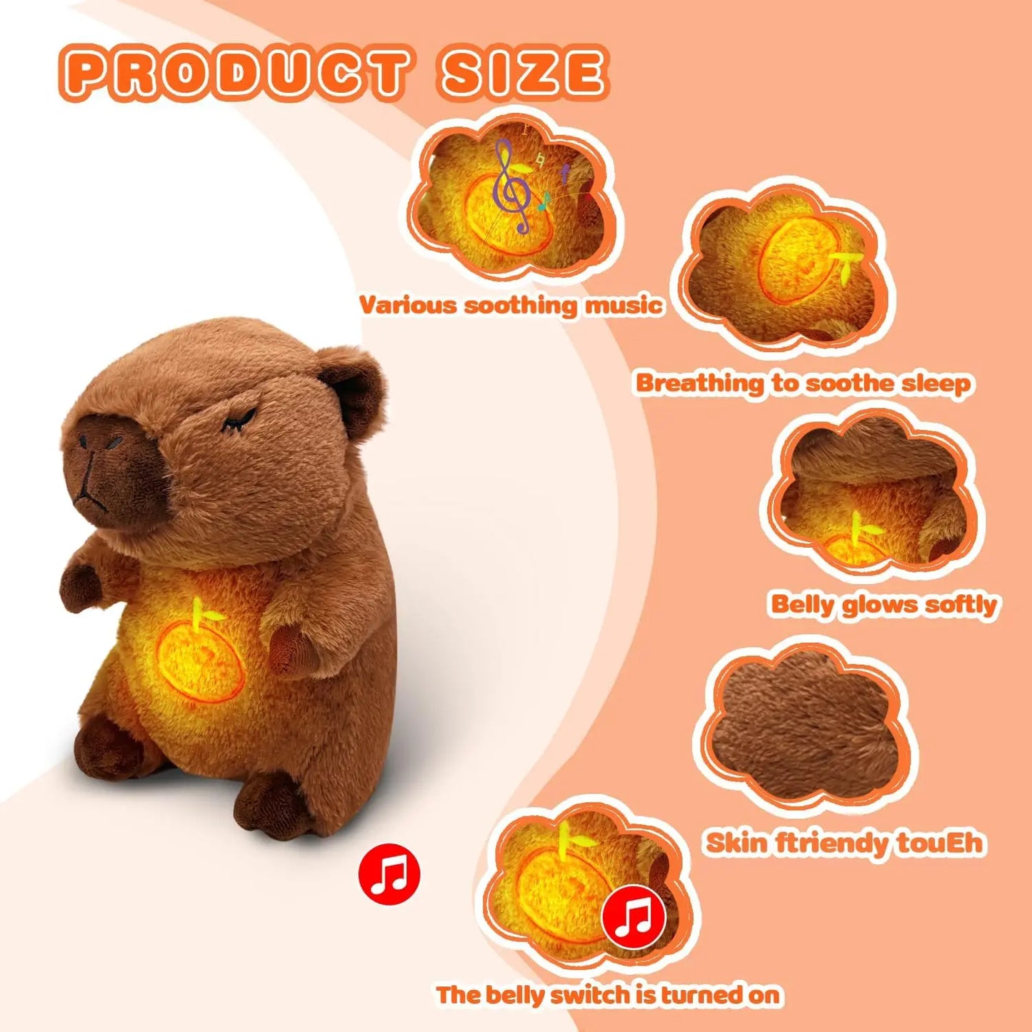 Baby Breathing Soothing Capybara Elephant Plush Doll Toy Sleeping Companion Music and Light Doll Sensory Plush Toy Soft Toy