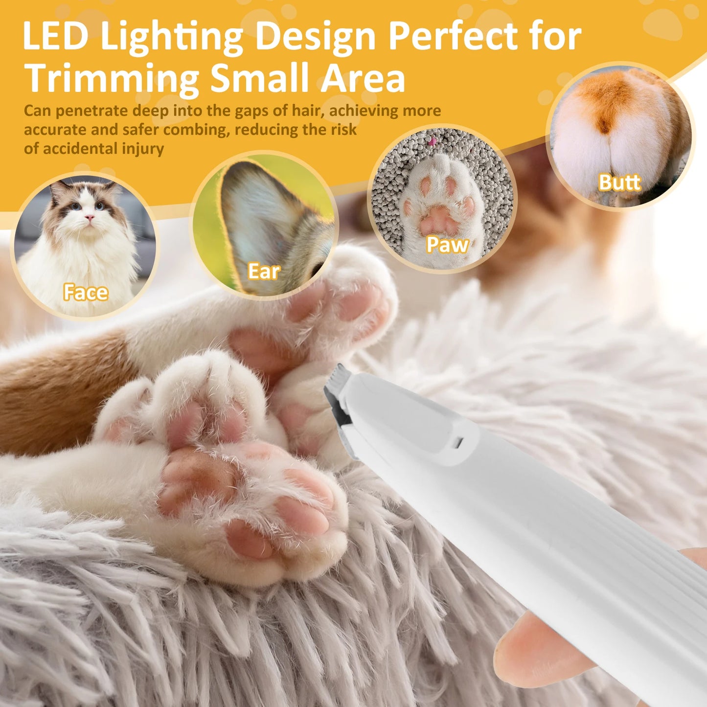 Pet Dog Paw Trimmer with LED Light Low Noise Shaver High-Speed Waterproof Dog Cat Hair Trimmer Clippers Cordless Grooming Tool